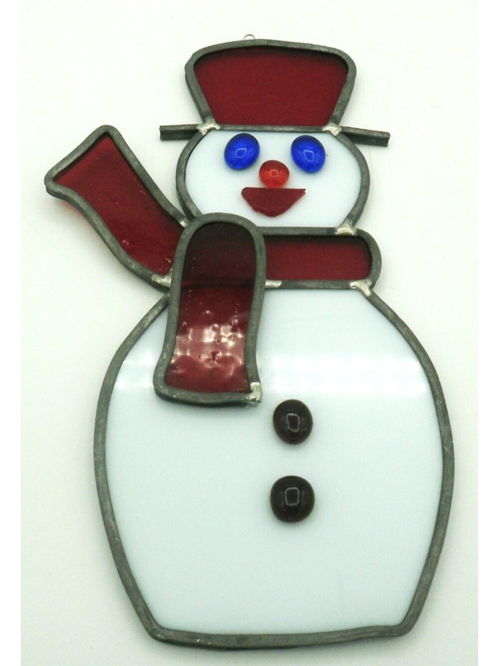Stained Glass Snowman Handmade Red Hat Red Scarf Window Ornament Signed 1982